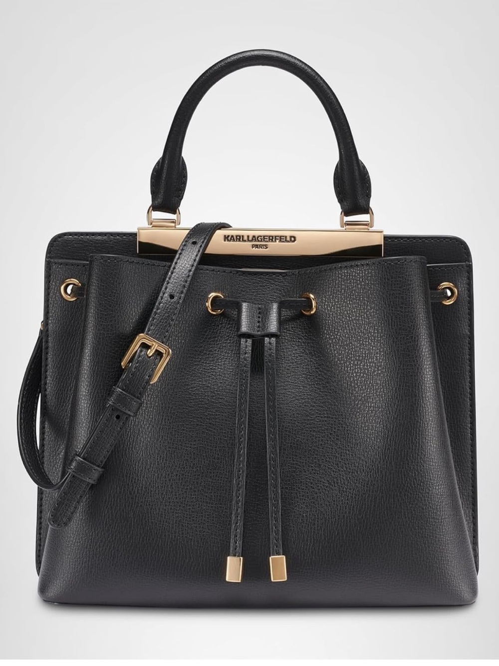 New Karl Lagerfeld Black Pebbled Leather Evelin Drawstring Bucket  Bag with Gold